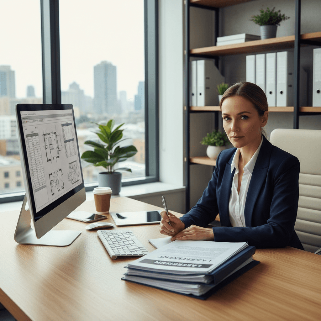 Property manager reviewing lease documents