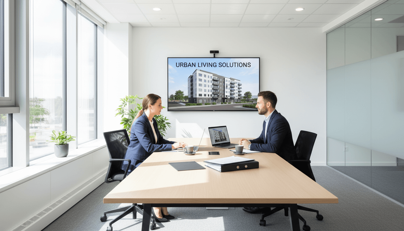 Property manager discussing services with client in a bright, modern office setting